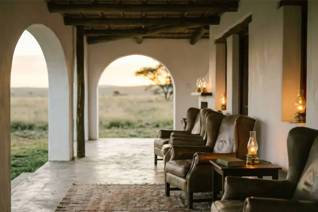 Traditional South African farm lodge stoep in late afternoon