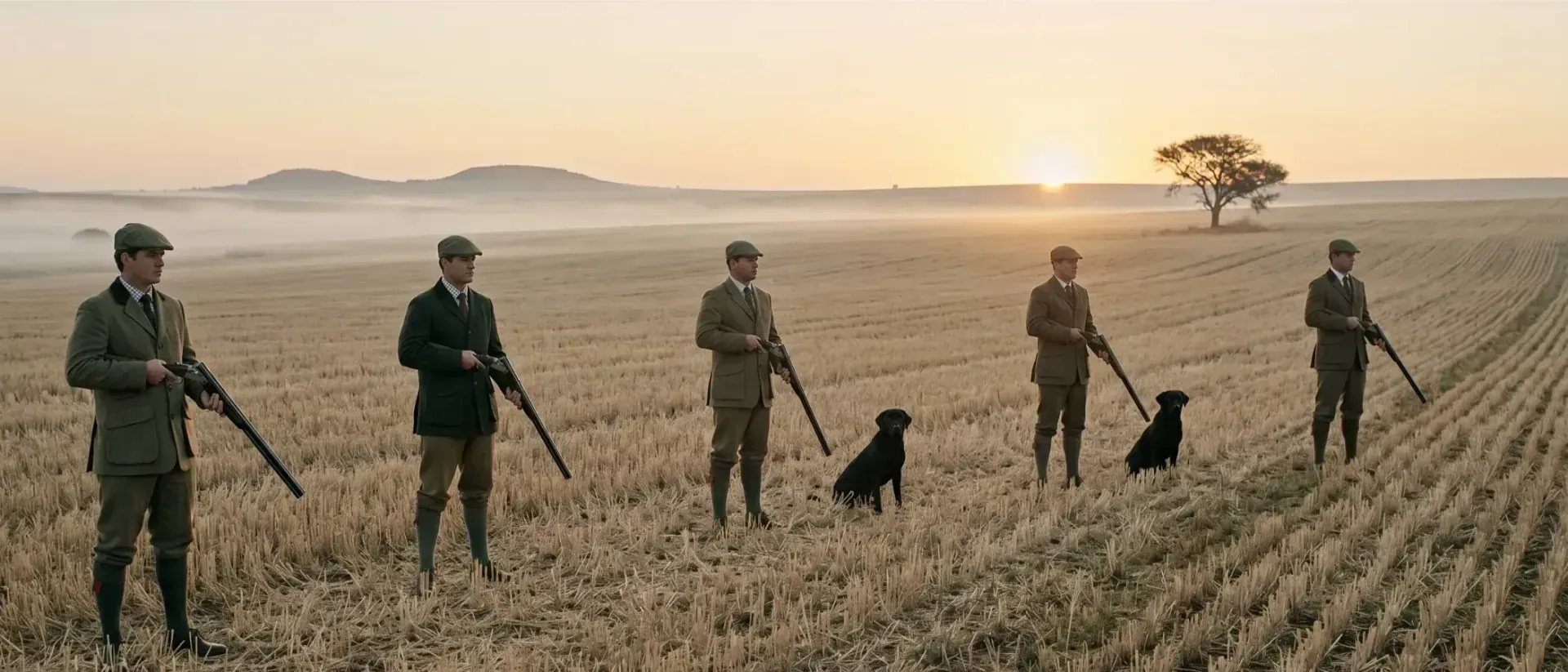 Five guns spaced across a Free State stubble field at first light