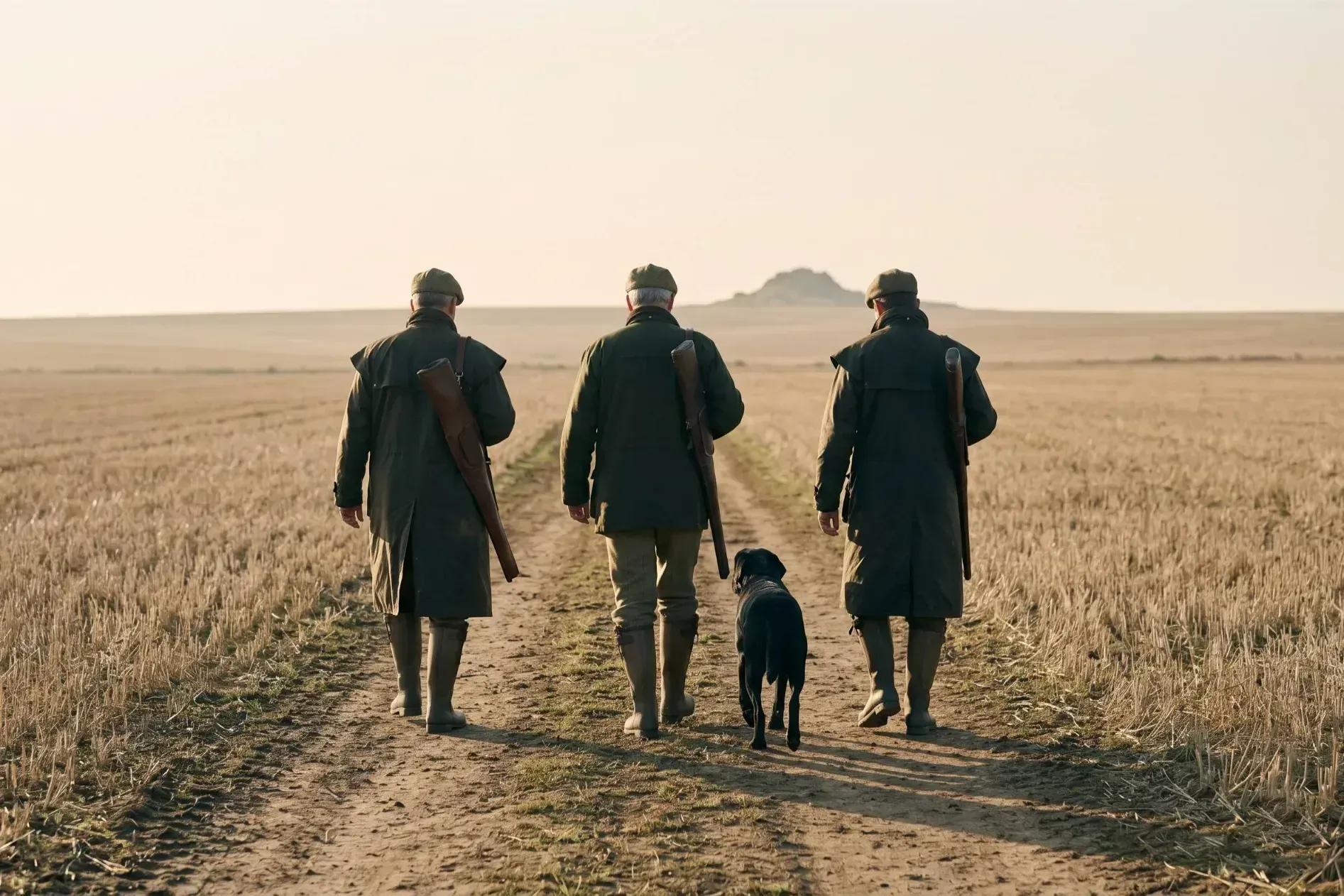 Three guns walking a farm track at first light